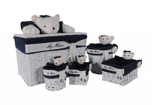 Set of Five Blue And White Rattan Basket