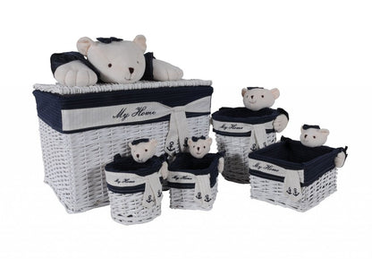Set Of Five Blue And White Teddy Bear Rattan Baskets