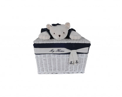 Set Of Five Blue And White Teddy Bear Rattan Baskets