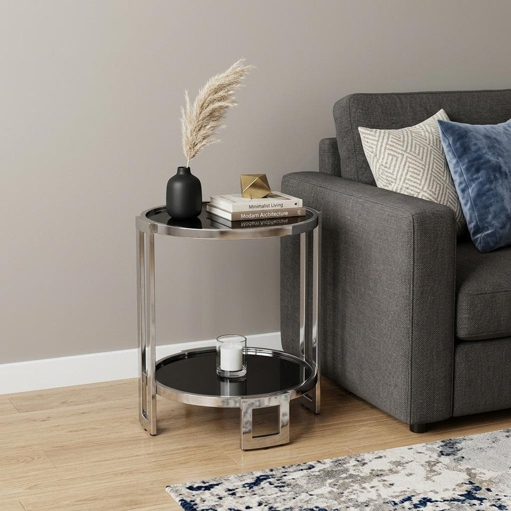 22" Silver Glass Round Mirrored End Table With Shelf