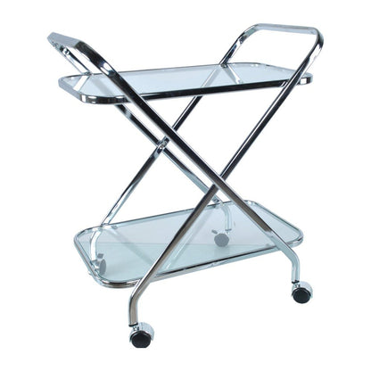 26" Silver Metal and Glass Rolling Bar Cart