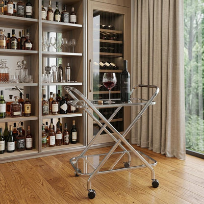 26" Silver Metal and Glass Rolling Bar Cart