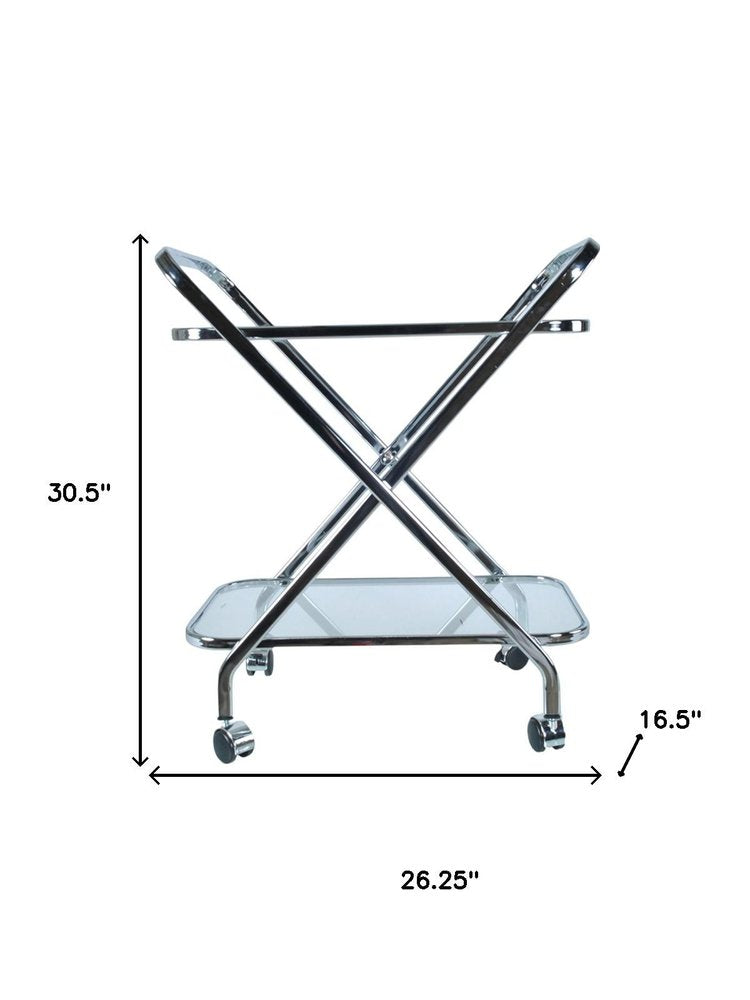 26" Silver Metal and Glass Rolling Bar Cart