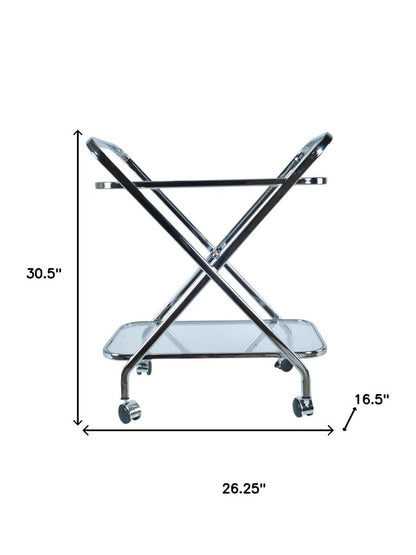 26" Silver Metal and Glass Rolling Bar Cart