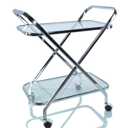 26" Silver Metal and Glass Rolling Bar Cart