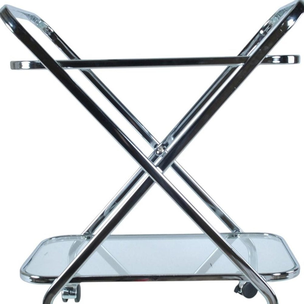 26" Silver Metal and Glass Rolling Bar Cart