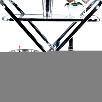 26" Silver Metal and Glass Rolling Bar Cart