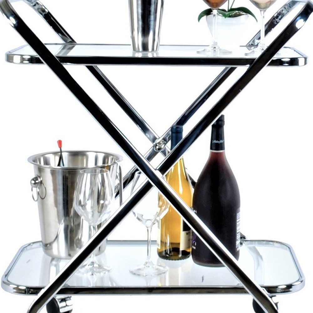 26" Silver Metal and Glass Rolling Bar Cart