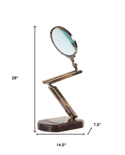 7.5" X 14.5" X 28" Brass Big Magnifier Glass With Wooden Base