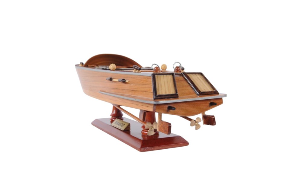 16" Brown Solid Wood Hand Painted Runabout Canoe Model Boat