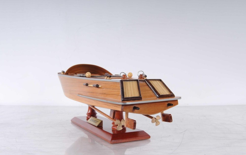 16" Brown Solid Wood Hand Painted Runabout Canoe Model Boat