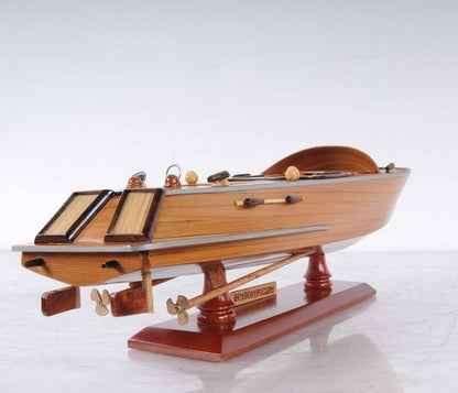 16" Brown Solid Wood Hand Painted Runabout Canoe Model Boat