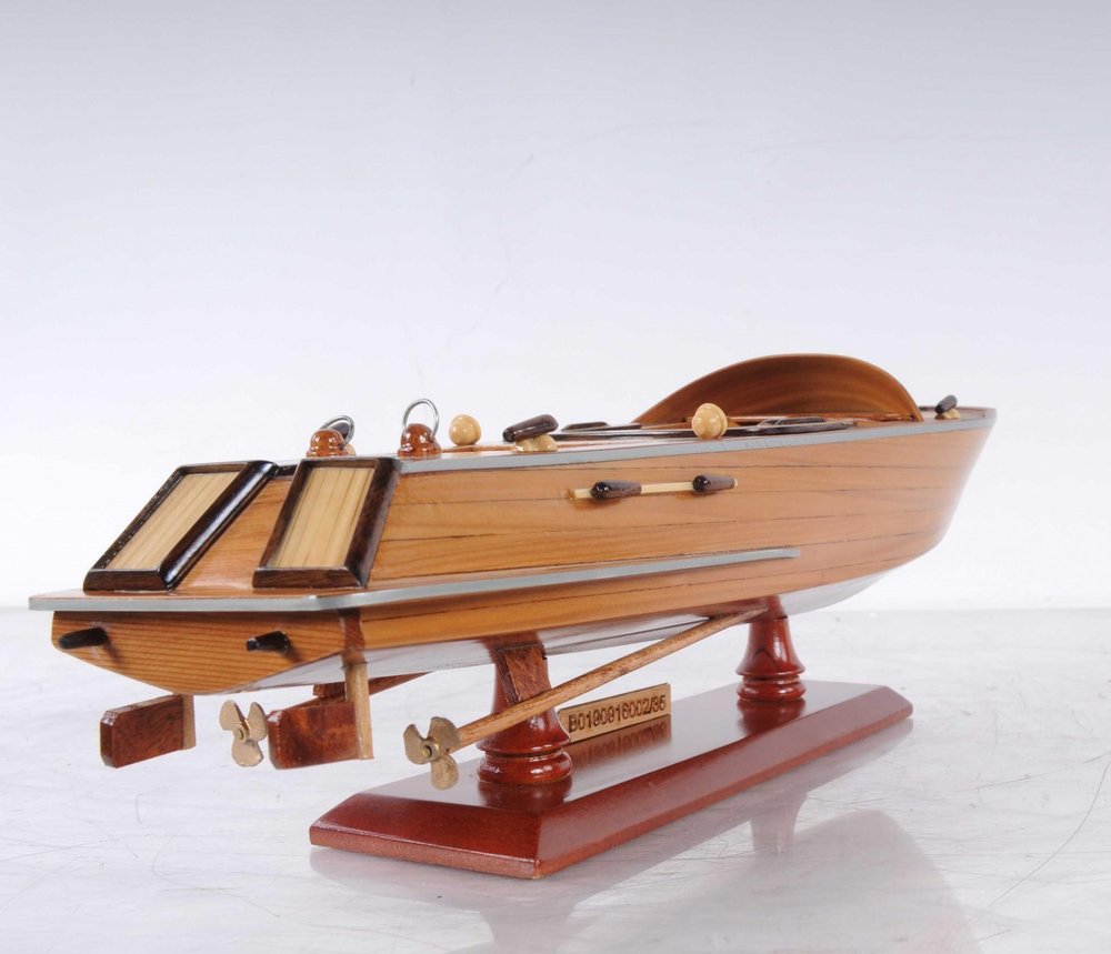 16" Brown Solid Wood Hand Painted Runabout Canoe Model Boat