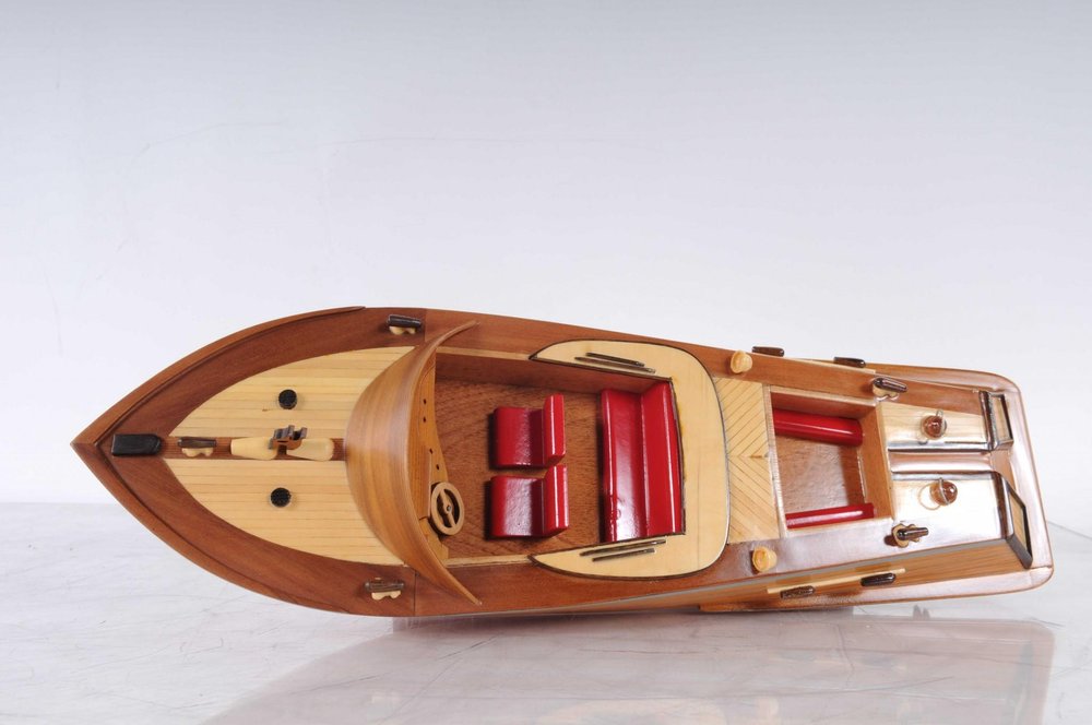 16" Brown Solid Wood Hand Painted Runabout Canoe Model Boat