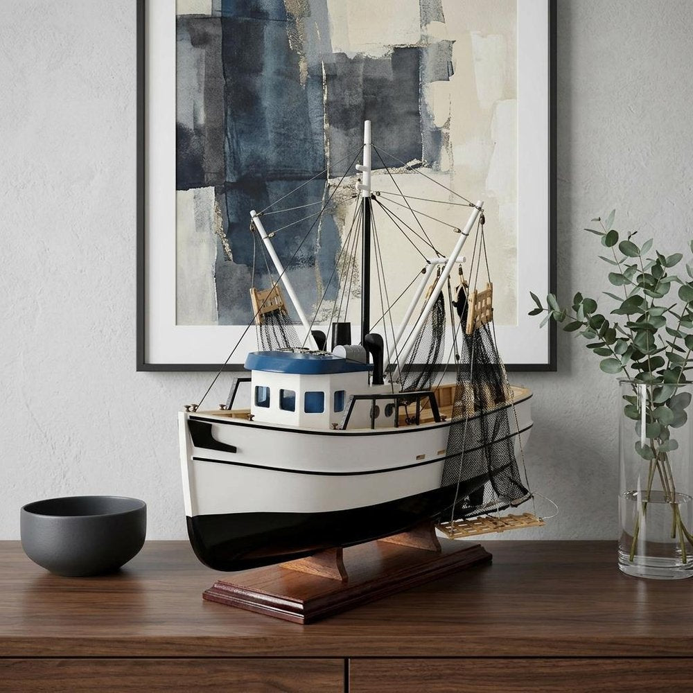 22" Black And White Solid Wood Hand Painted Model Boat