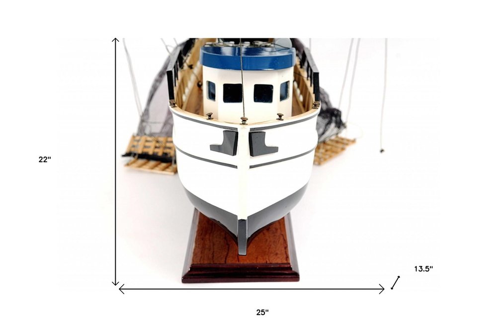 22" Black And White Solid Wood Hand Painted Model Boat