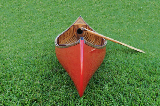 26.5" X 117" X 20" Red Wooden Canoe With Ribs Curved Bow