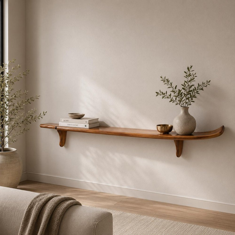 70" Brown Solid Wood Wall Mounted Floating Shelf