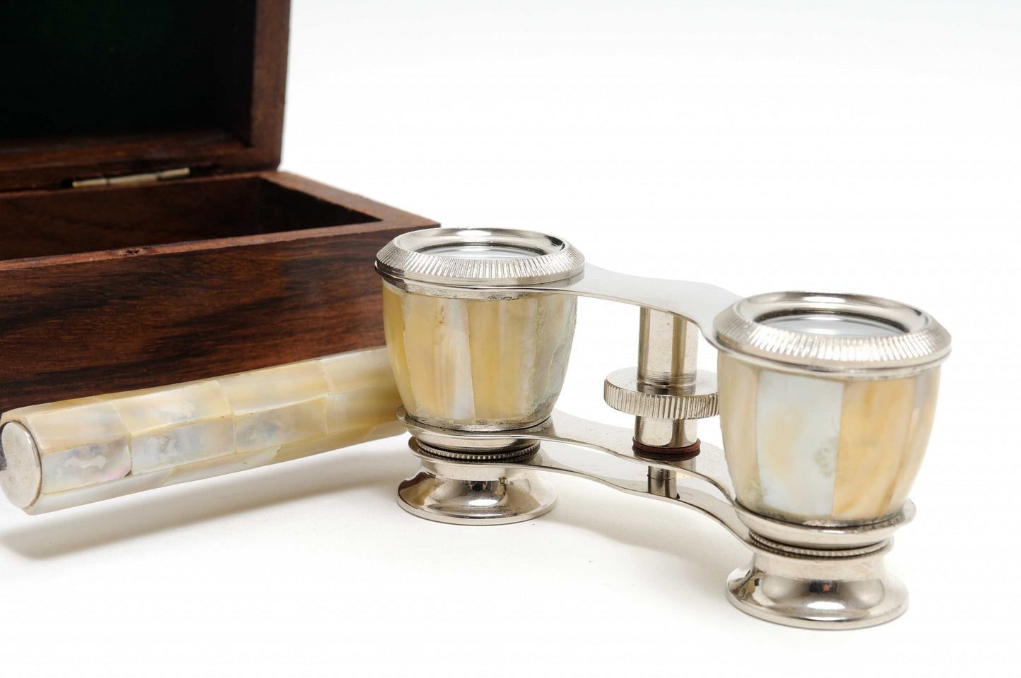 Elegant Mother Of Pearl Opera Glasses In Wood Storage Box