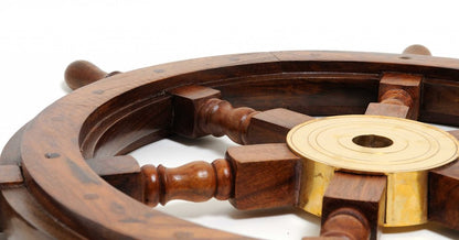 24" Brown Solid Wood And Brass Ships Wheel Hanging Dimensional Sculpture