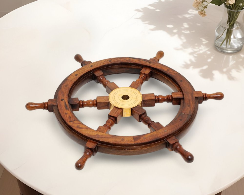 24" Brown Solid Wood And Brass Ships Wheel Hanging Dimensional Sculpture