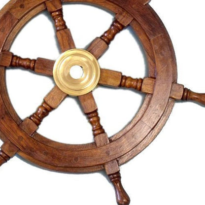 24" Brown Solid Wood And Brass Ships Wheel Hanging Dimensional Sculpture