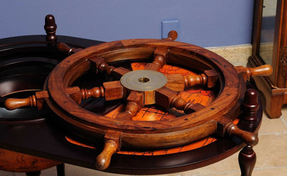 36" Brown Solid Wood And Brass Ships Wheel Hanging Dimensional Sculpture