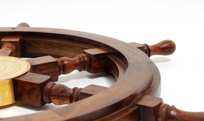 36" Brown Solid Wood And Brass Ships Wheel Hanging Dimensional Sculpture