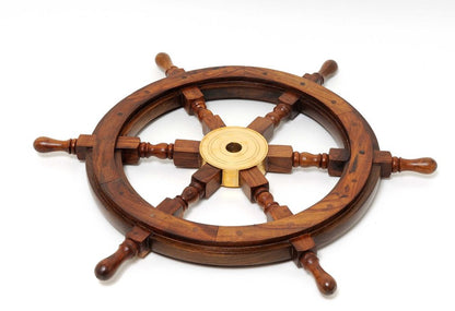 36" Brown Solid Wood And Brass Ships Wheel Hanging Dimensional Sculpture