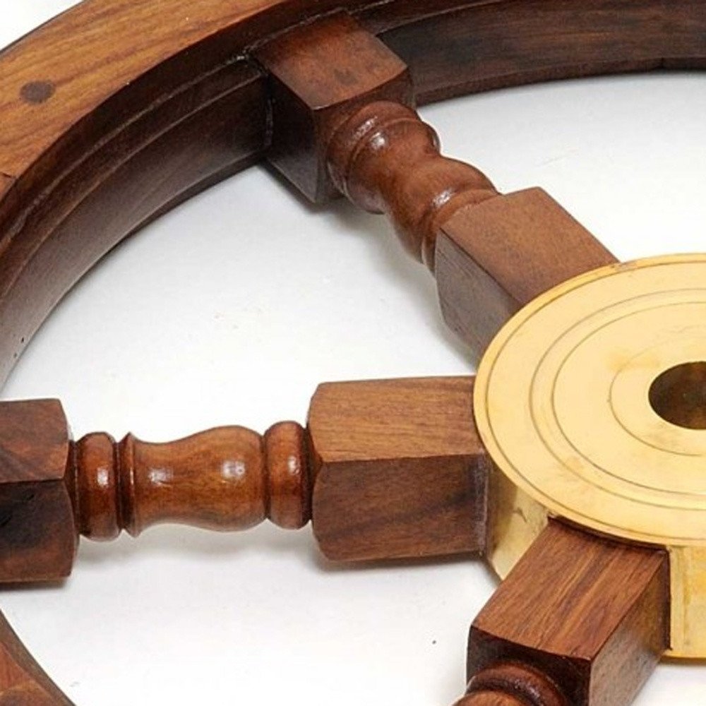 36" Brown Solid Wood And Brass Ships Wheel Hanging Dimensional Sculpture