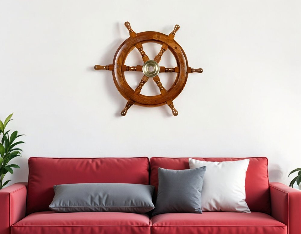 36" Brown Solid Wood And Brass Ships Wheel Hanging Dimensional Sculpture