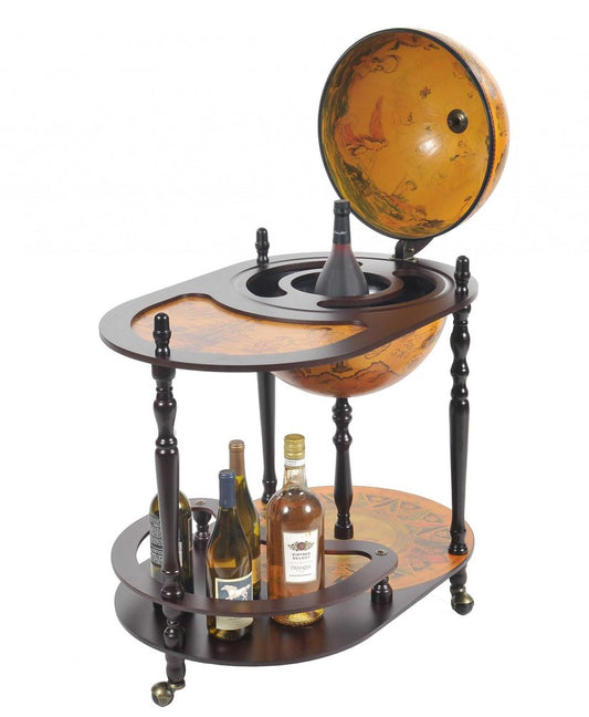 32" Brown Solid Wood Oval Rolling Bar Cart With Wine Storage