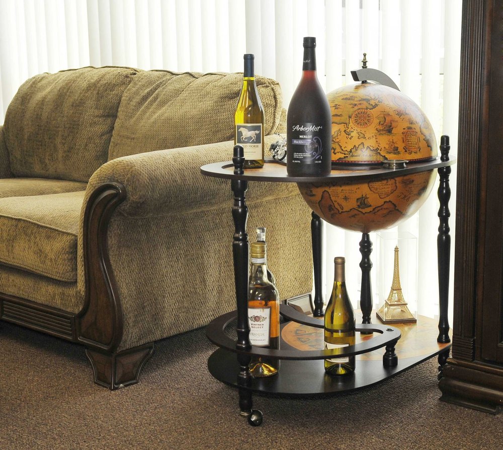 32" Brown Solid Wood Oval Rolling Bar Cart With Wine Storage