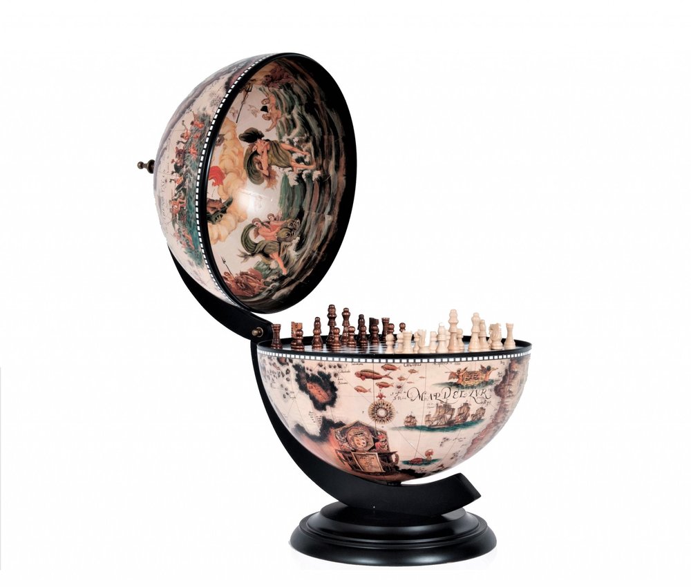 13" Brown And Black World Map Globe Chess Game Set