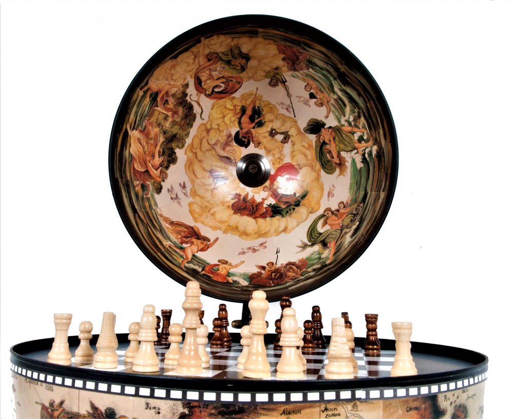 13" Brown And Black World Map Globe Chess Game Set