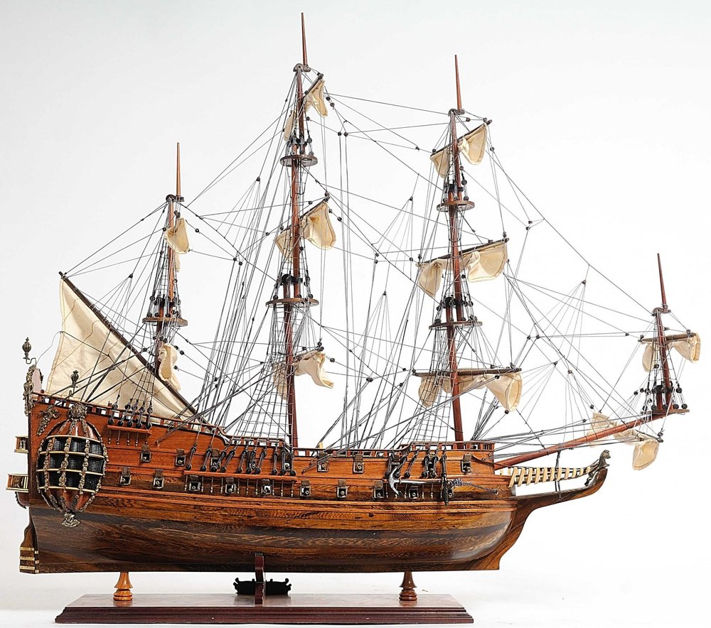 32" Brown Solid Wood Hand Painted Model Boat