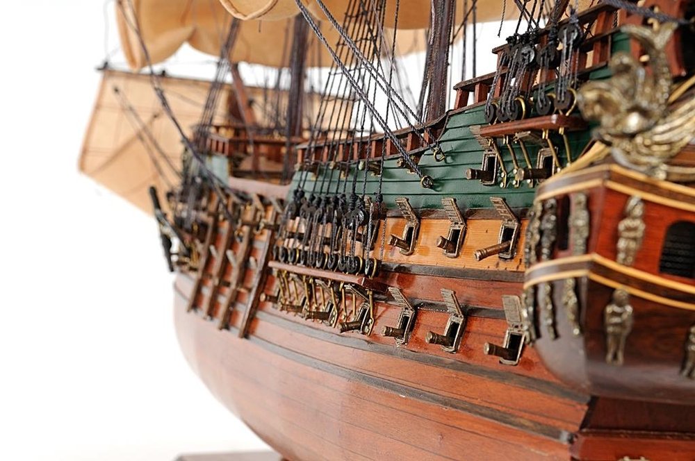 35" Brown Solid Wood Hand Painted Model Boat
