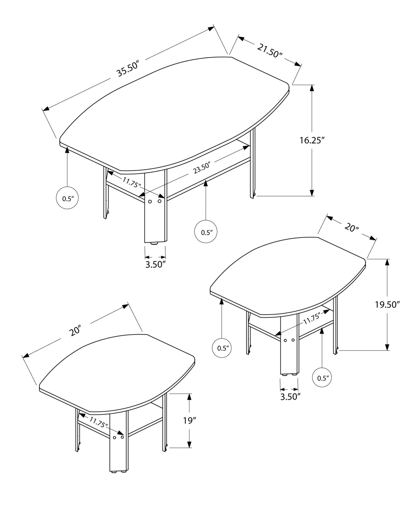 Set of Three 36" Brown Coffee Table With Shelf