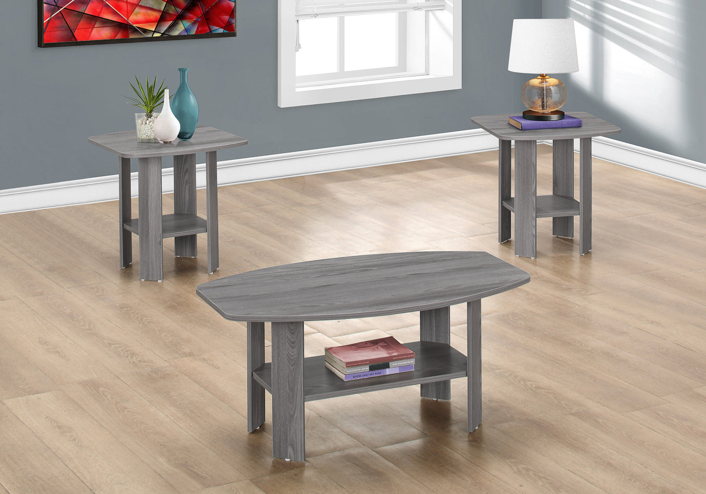 Set of Three 36" Gray Coffee Table With Shelf