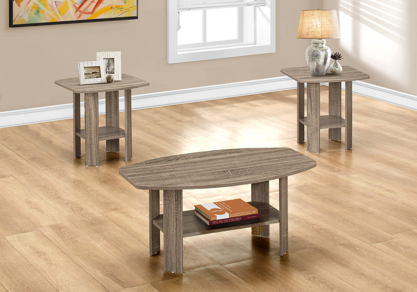 Set of Three 36" Taupe Coffee Table With Shelf