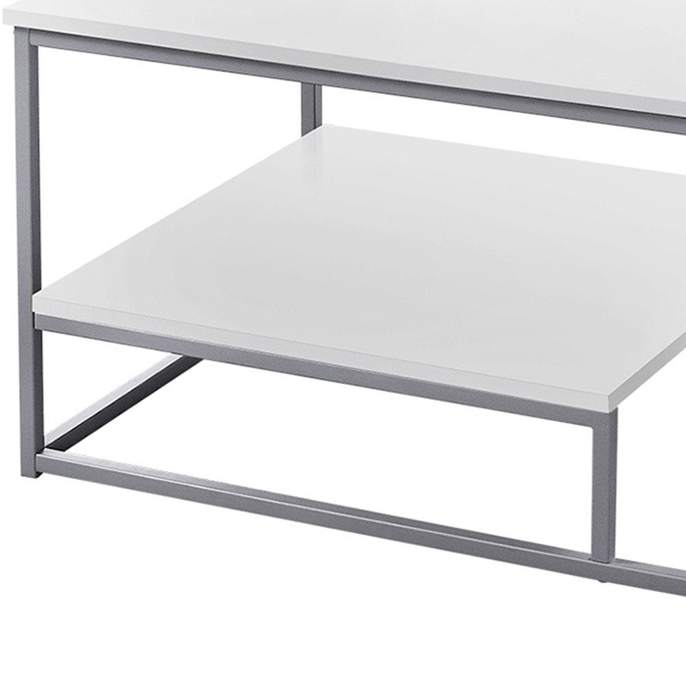 Set of Three 42" White And Silver Metal Coffee Table With Shelf