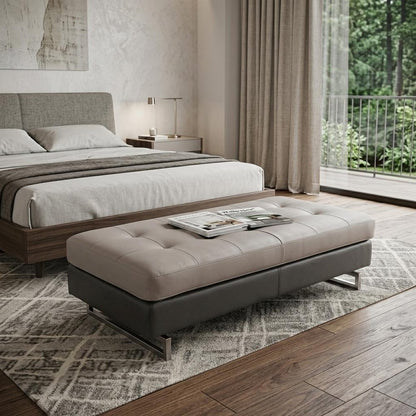 63" Taupe Brown and Silver Faux Leather Tufted Ottoman