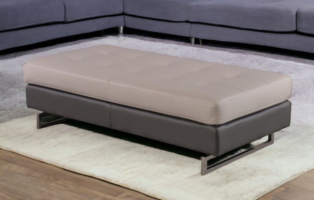 63" Taupe Brown and Silver Faux Leather Tufted Ottoman
