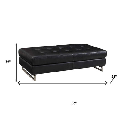63" Black Tufted Faux Leather and Silver Ottoman