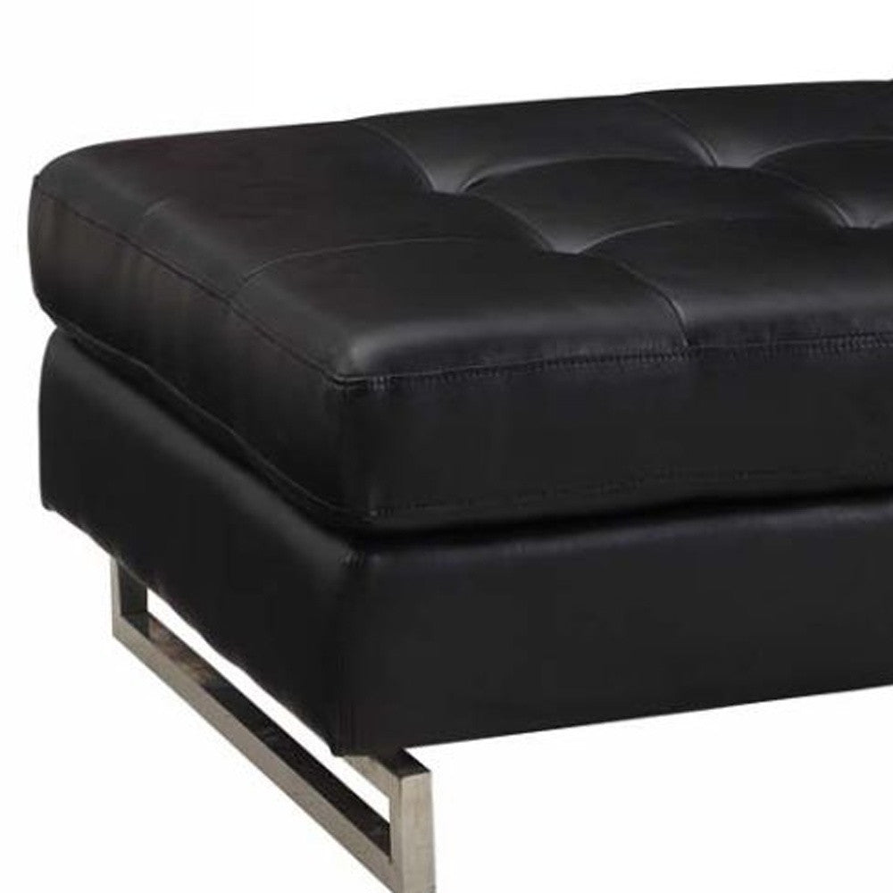 63" Black Faux Leather And Silver Ottoman