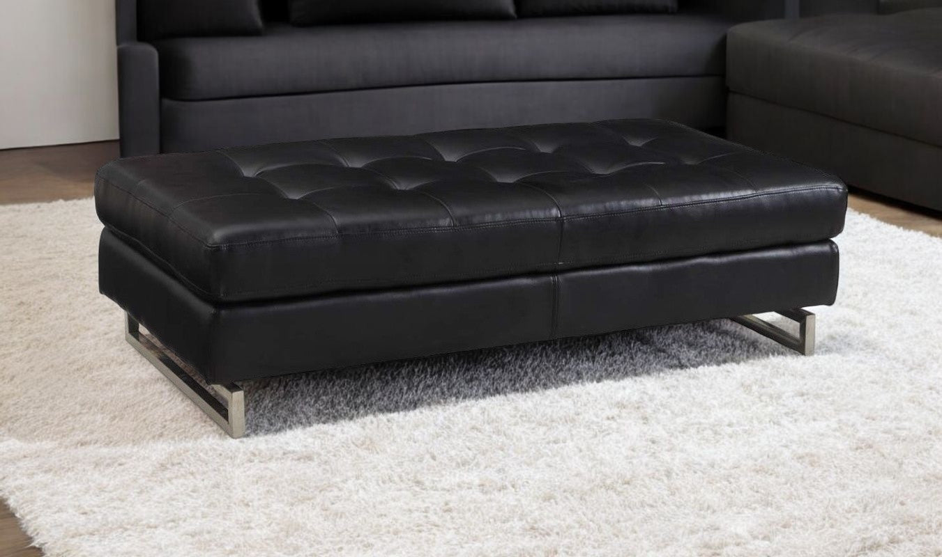 63" Black Faux Leather And Silver Ottoman