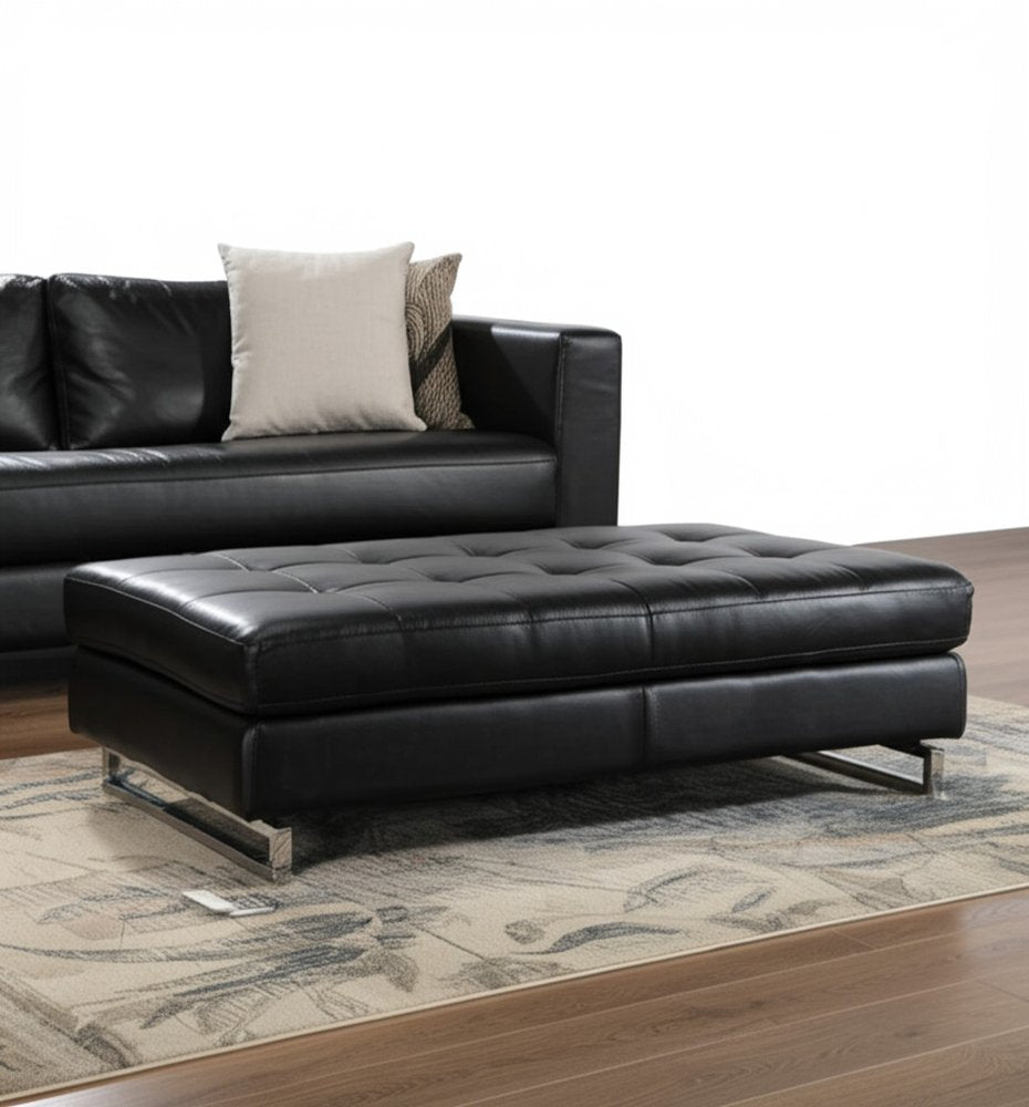 63" Black Tufted Faux Leather and Silver Ottoman
