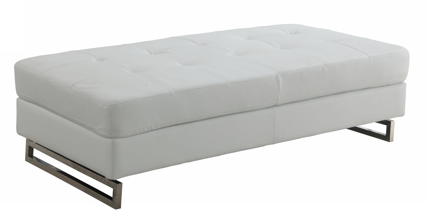 63" White Faux Leather And Silver Ottoman