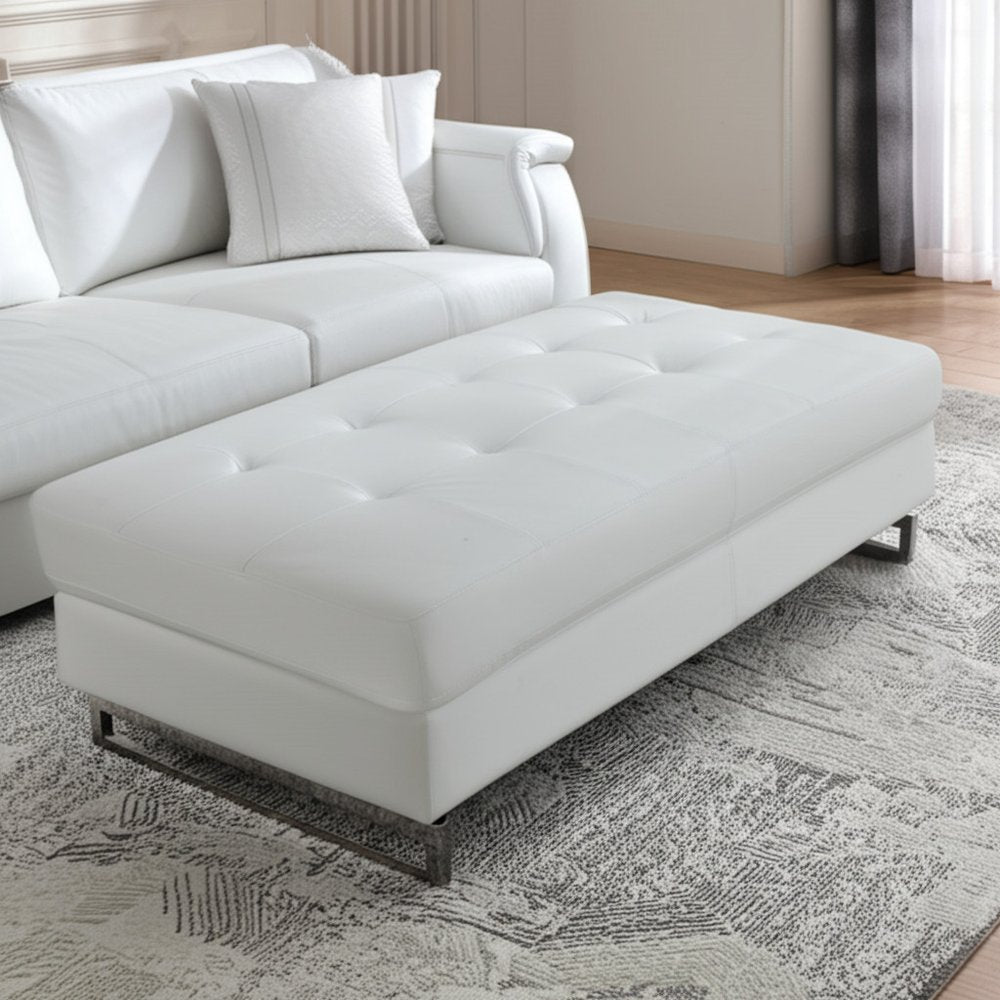 63" White and Silver Faux Leather Ottoman