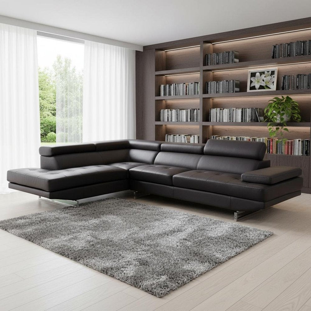 Dark Brown Leather L Shaped Two Piece Corner Sectional